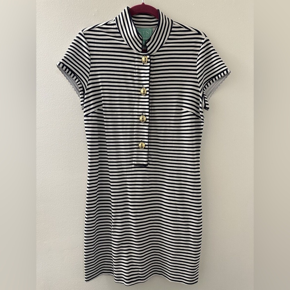 STS Sail to Sable Nautical Navy and White Stripe Gold Button Polo Mini Dress M
